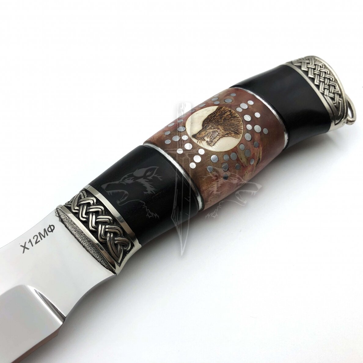 Dorojimo peilis VILKAS X12МФ klevo kapa, briedžio ragas, skroblas, scrimshaw 4 Dorojimo peilis VILKAS X12МФ klevo kapa, briedžio ragas, skroblas, scrimshaw 4