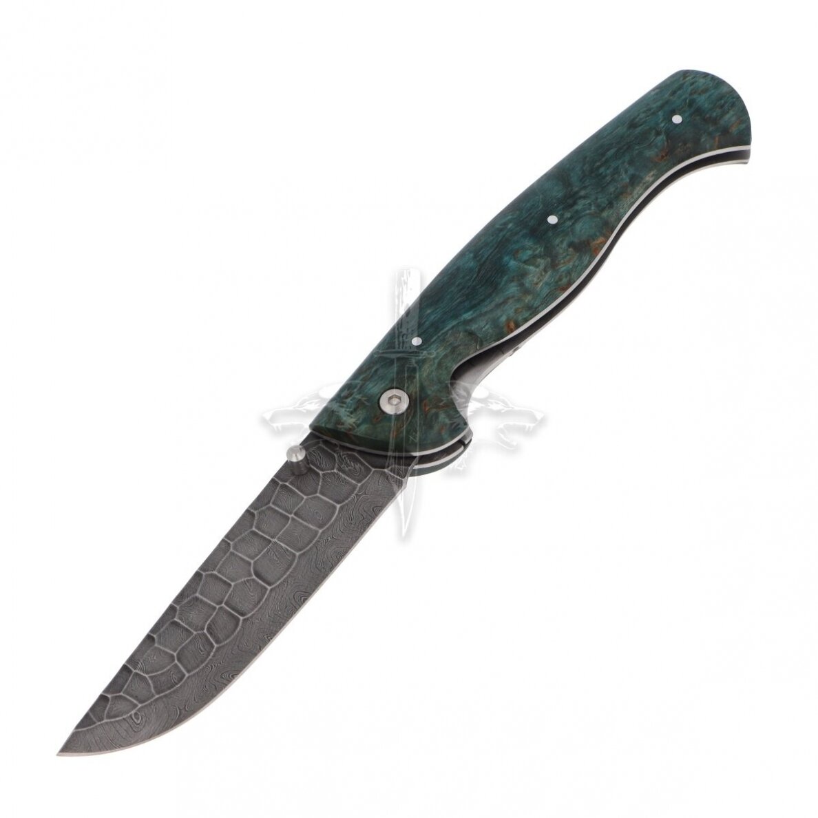 Lenktinis peilis "Akmens Amžius" (žalias); damasko plienas, tuopos kapa stabilizuota, linerlock Lenktinis peilis "Akmens Amžius" (žalias); damasko plienas, tuopos kapa stabilizuota, linerlock