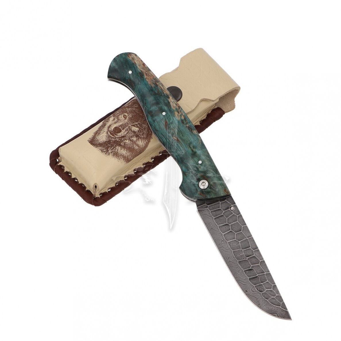 Lenktinis peilis "Akmens Amžius" (žalias); damasko plienas, tuopos kapa stabilizuota, linerlock 3 Lenktinis peilis "Akmens Amžius" (žalias); damasko plienas, tuopos kapa stabilizuota, linerlock 3