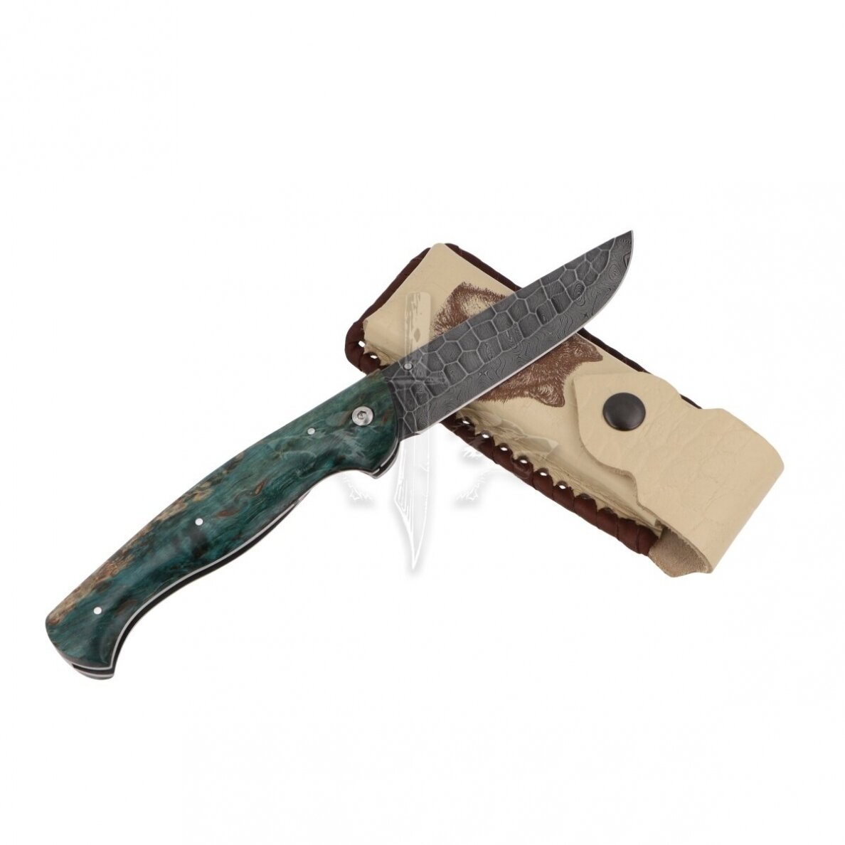 Lenktinis peilis "Akmens Amžius" (žalias); damasko plienas, tuopos kapa stabilizuota, linerlock 4 Lenktinis peilis "Akmens Amžius" (žalias); damasko plienas, tuopos kapa stabilizuota, linerlock 4