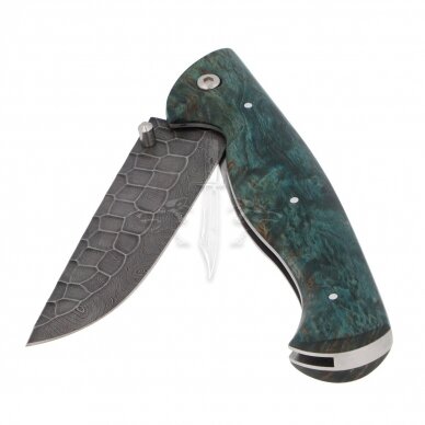 Lenktinis peilis "Akmens Amžius" (žalias); damasko plienas, tuopos kapa stabilizuota, linerlock 1 Lenktinis peilis "Akmens Amžius" (žalias); damasko plienas, tuopos kapa stabilizuota, linerlock 1