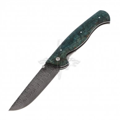 Lenktinis peilis "Akmens Amžius" (žalias); damasko plienas, tuopos kapa stabilizuota, linerlock Lenktinis peilis "Akmens Amžius" (žalias); damasko plienas, tuopos kapa stabilizuota, linerlock