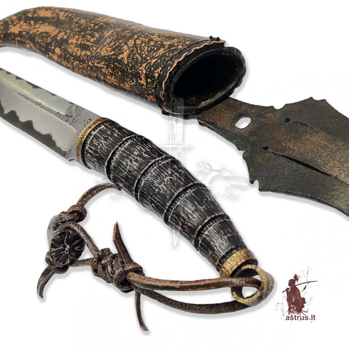 Knife ANGIS-11 handmade forged laminated steel 9XC+95X18, elk horn, bronze 1 Knife ANGIS-11 handmade forged laminated steel 9XC+95X18, elk horn, bronze 1
